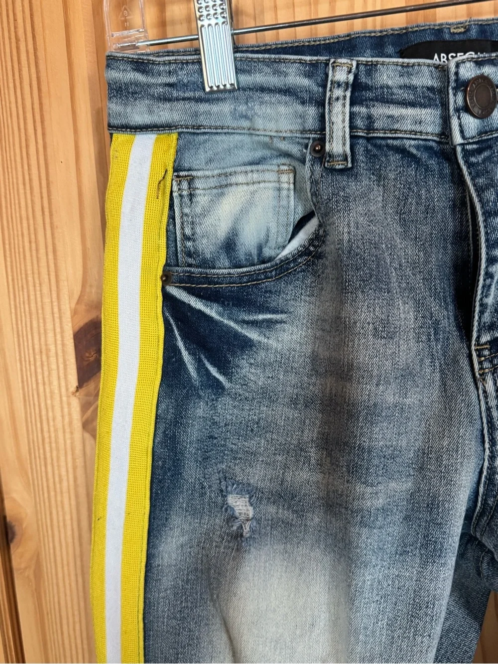 90s style Blue Distressed Jeans with Yellow Side Stripe